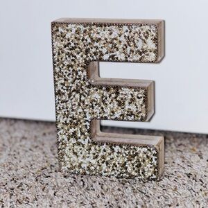 Glittery Gold and White Letter E Wooden Decor